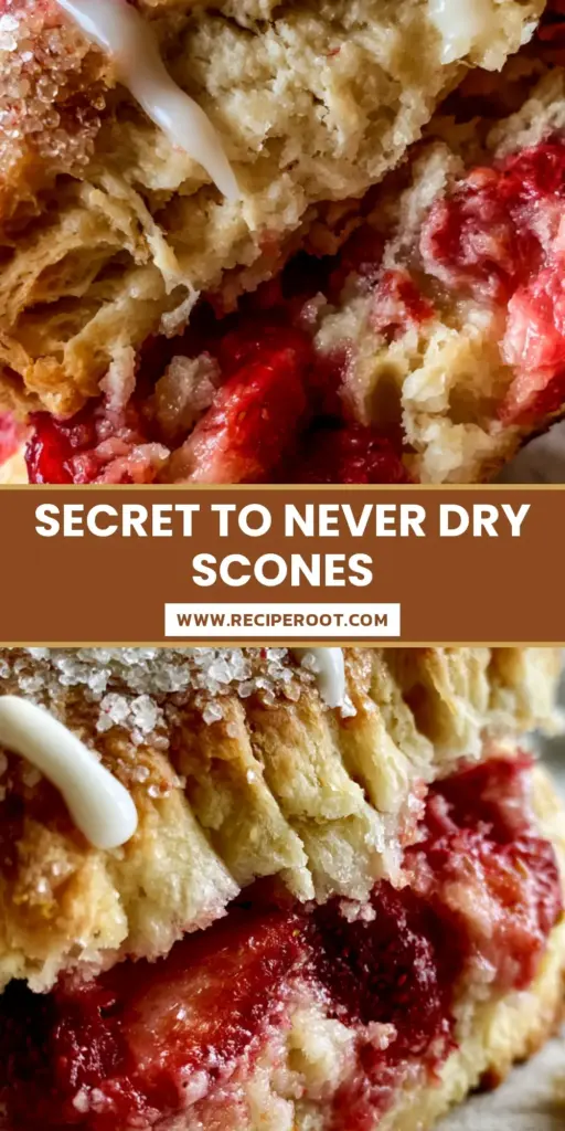 A stack of tall, flaky Strawberry Shortcake Scones topped with sparkling sugar and vanilla glaze on a linen napkin.