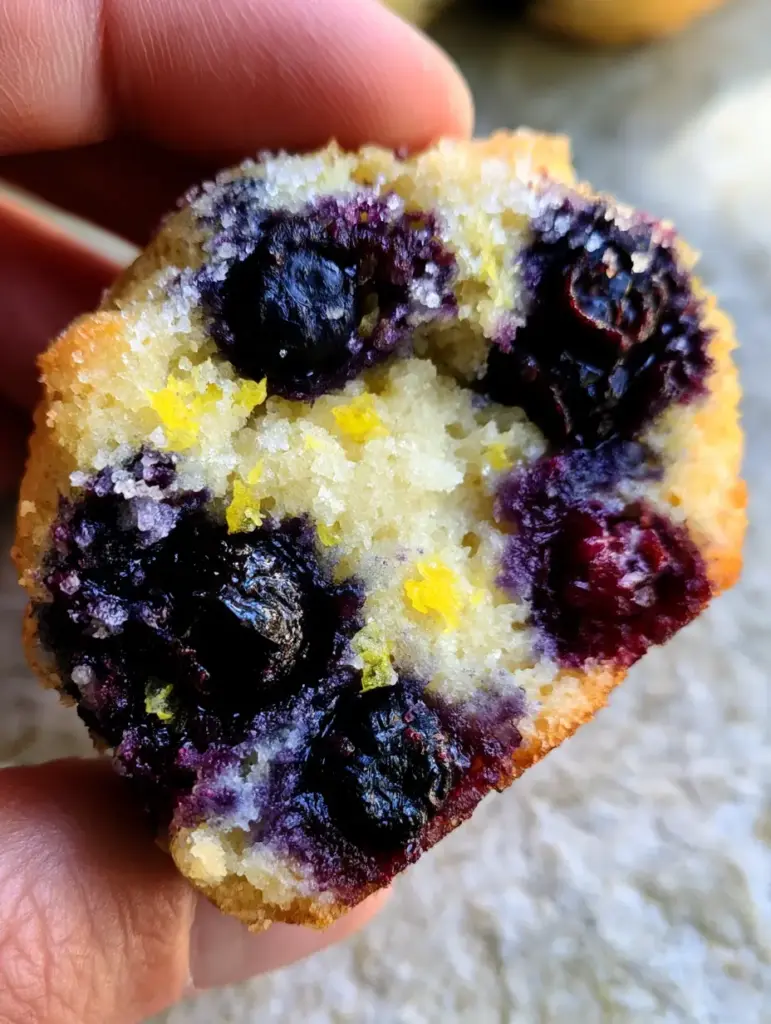 Top-down view of a lemon blueberry cookie showing the crinkled golden edges and neon-yellow lemon zest flecks.