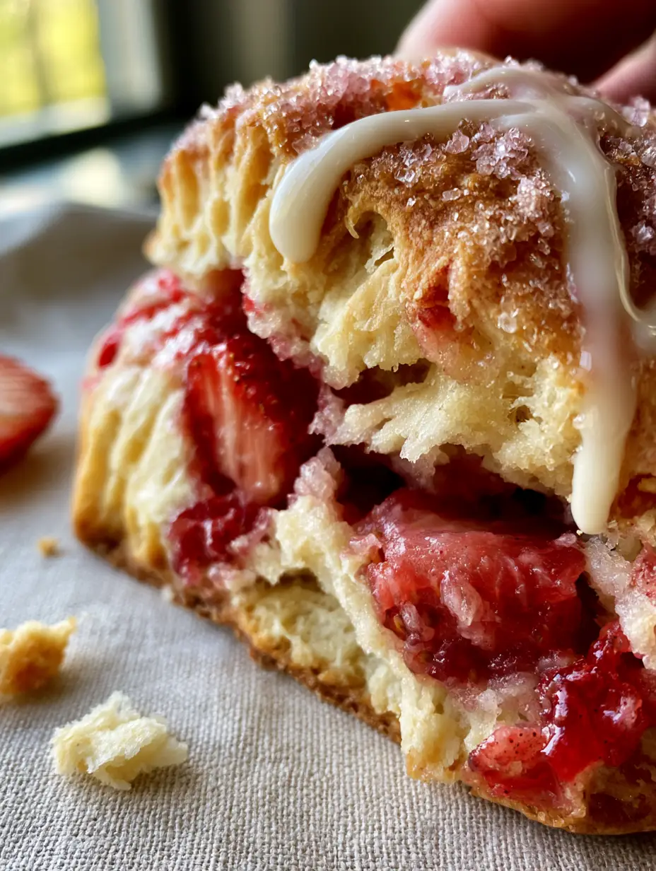 A close-up handheld photo showing the moist internal crumb and vibrant red strawberries of a Strawberry Shortcake Scone.