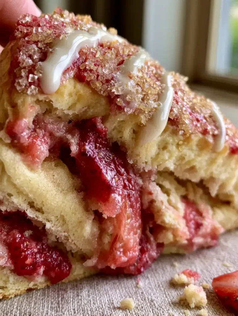 Detailed shot of the flaky golden-brown pastry layers and glossy vanilla cream glaze on a Strawberry Shortcake Scone.