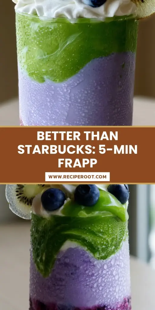 A tall glass of Blueberry Kiwi Frappuccino with purple blueberry base, lavender cream, and green kiwi swirl topped with whipped cream.