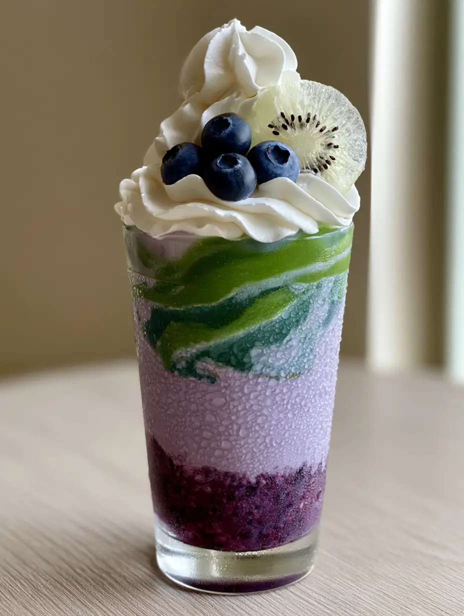 Detailed shot of the vibrant green kiwi coulis swirling into the frozen lavender cream of a Blueberry Kiwi Frappuccino.