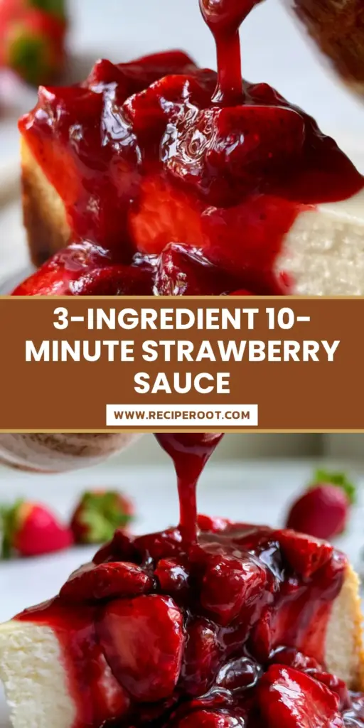 A thick and glossy strawberry sauce recipe being poured from a rustic ceramic pitcher onto creamy cheesecake. (strawberry sauce recipe)