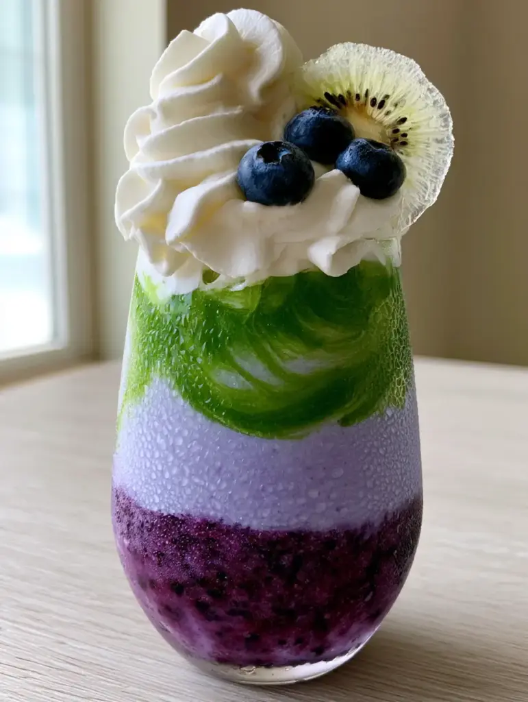 High-angle view of the stiff whipped cream topping on a Blueberry Kiwi Frappuccino with fresh blueberry and kiwi garnishes.
