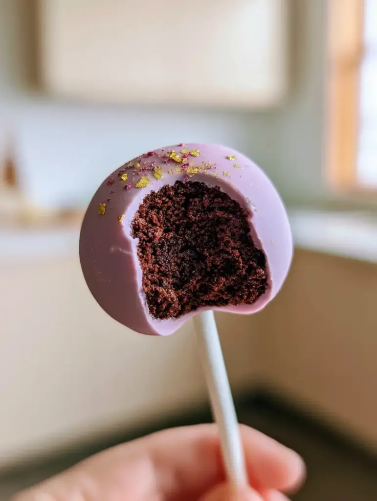 Gourmet lavender cake pop with gold flakes held against a kitchen background.