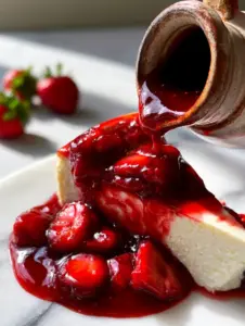 Close-up of jammy strawberry halves in a viscous syrup coating a slice of New York cheesecake. (strawberry sauce recipe)