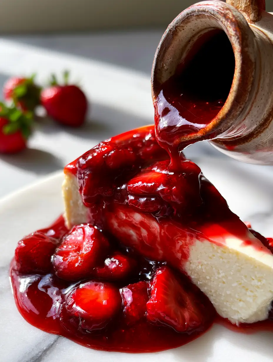 Close-up of jammy strawberry halves in a viscous syrup coating a slice of New York cheesecake. (strawberry sauce recipe)