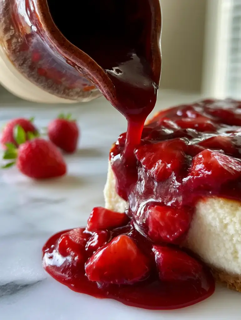 Bright ruby red strawberry sauce in a ceramic pitcher on a marble countertop with fresh berries.