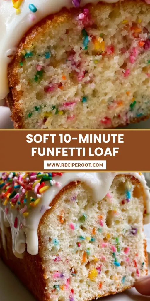 A tall slice of funfetti loaf cake with a thick white cream cheese glaze and rainbow sprinkles on a white plate. (funfetti loaf cake)