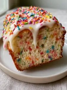 Handheld photo of a thick slice of funfetti loaf cake being lifted, showing the moist vanilla crumb and rainbow jimmies. (funfetti loaf cake)