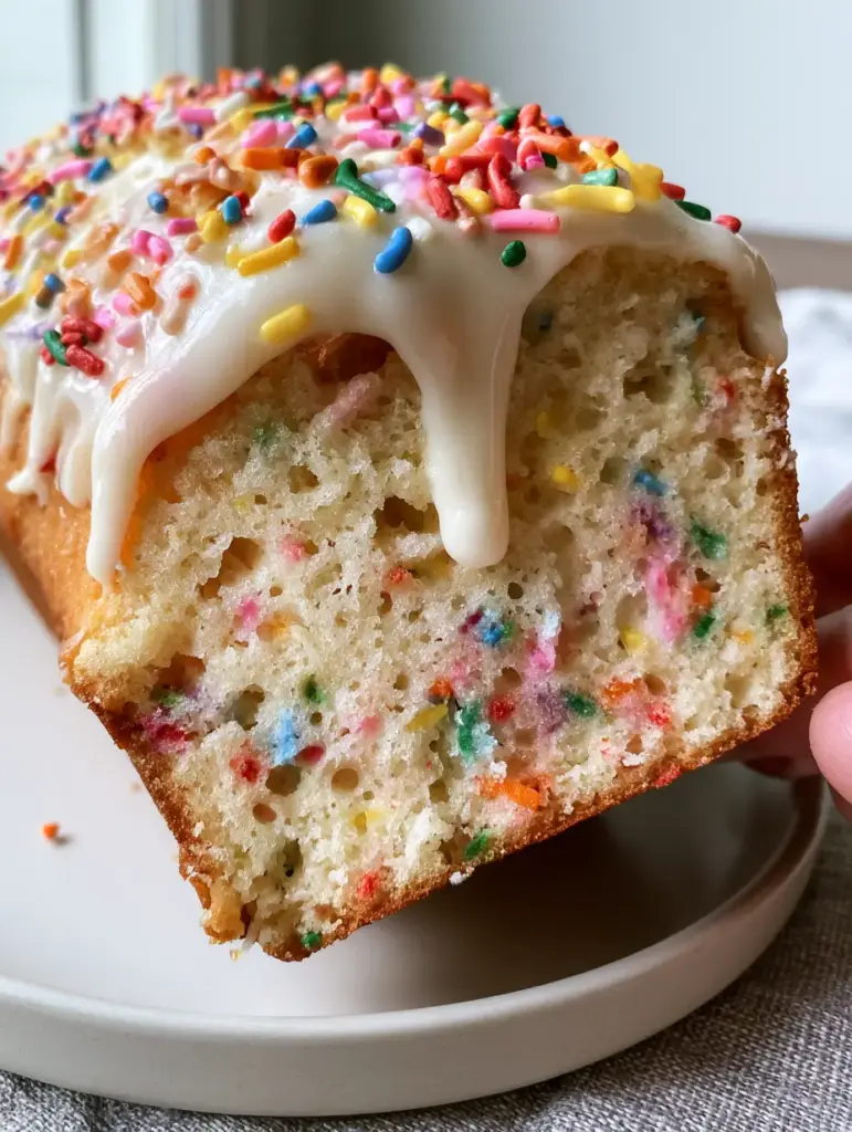 Close up of a funfetti loaf cake with thick white glaze dripping down a golden-brown crust. (funfetti loaf cake)