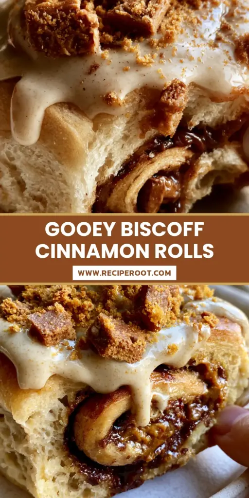 A close-up shot of fluffy Biscoff Cinnamon Rolls topped with thick cream cheese frosting and crushed Biscoff cookies.
