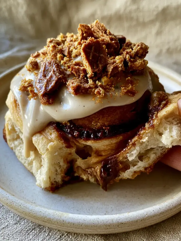 A single Biscoff cinnamon roll on a ceramic plate with ivory frosting dripping down the sides and biscuit crumbs on top.