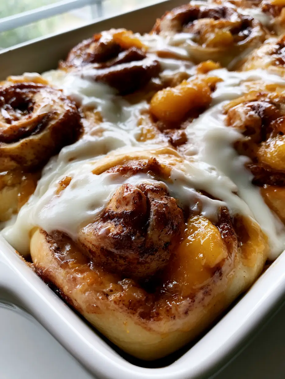 Extreme close-up of fluffy peach cobbler cinnamon rolls showing dark cinnamon swirls and caramelized peach chunks.