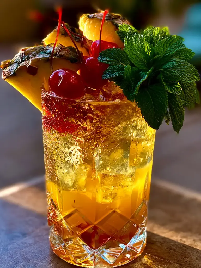 Overhead view of a vibrant golden pineapple rum punch with thick pineapple wedges and bright red cherries. (pineapple rum punch)