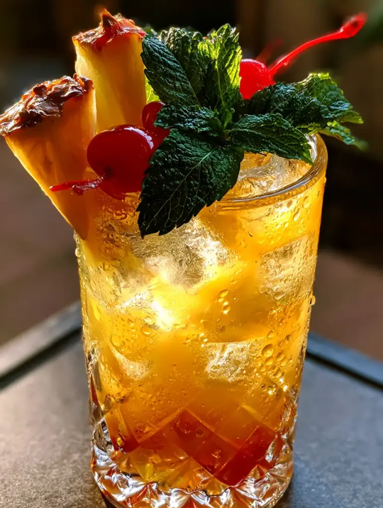 Close up of condensation beads on a crystal pitcher filled with pineapple rum punch and large clear ice. (pineapple rum punch)