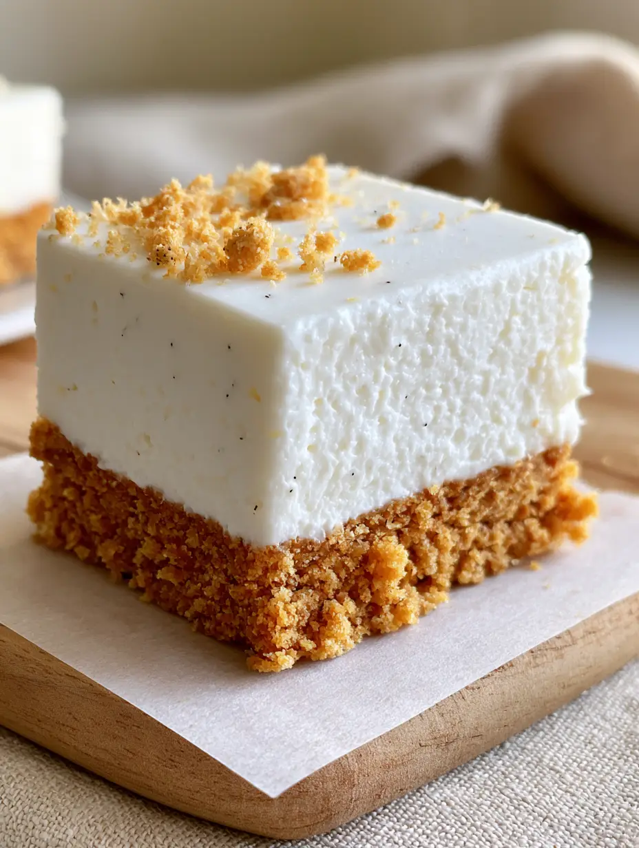 Macro photo of No Bake Cheesecake Bars showing the thick golden crust and smooth white filling.