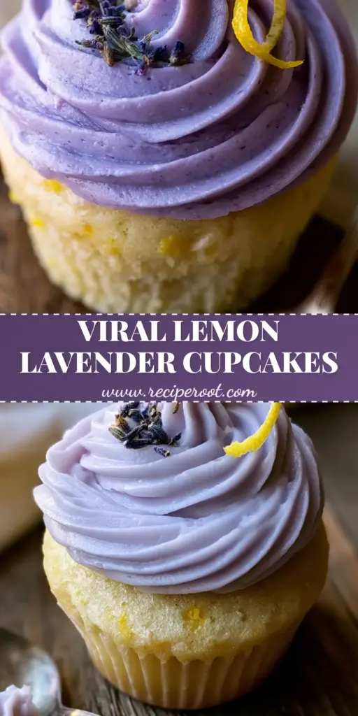A tall, artisanal lilac lavender cupcake on a rustic table with a vintage silver spoon and lemon garnish. (lavender cupcakes)
