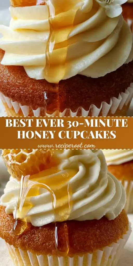 A close-up of a gourmet honey cupcake with ivory frosting, amber honey drizzle, and a piece of raw honeycomb in a white paper liner. (honey cupcakes)