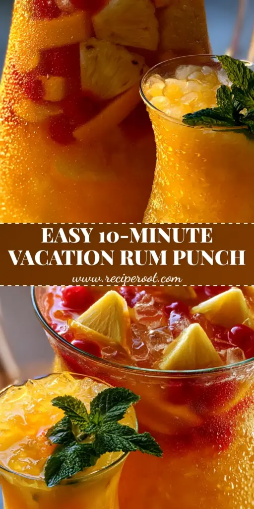 A close-up of a condensation-covered pitcher filled with golden pineapple mango rum punch, featuring floating pineapple triangles, mango slices, and cherries.