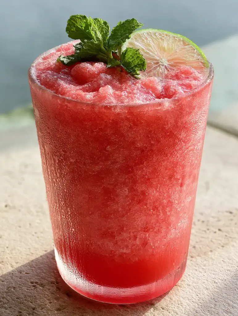 Extreme detail of a watermelon drink showing micro-ice crystals and frozen fruit fibers in a tall glass covered in condensation.