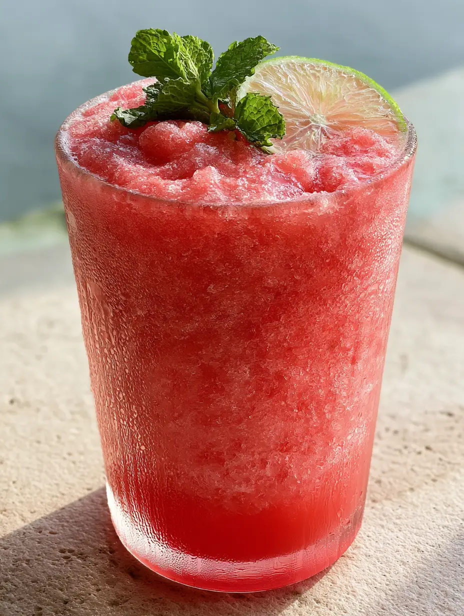 Extreme detail of a watermelon drink showing micro-ice crystals and frozen fruit fibers in a tall glass covered in condensation.