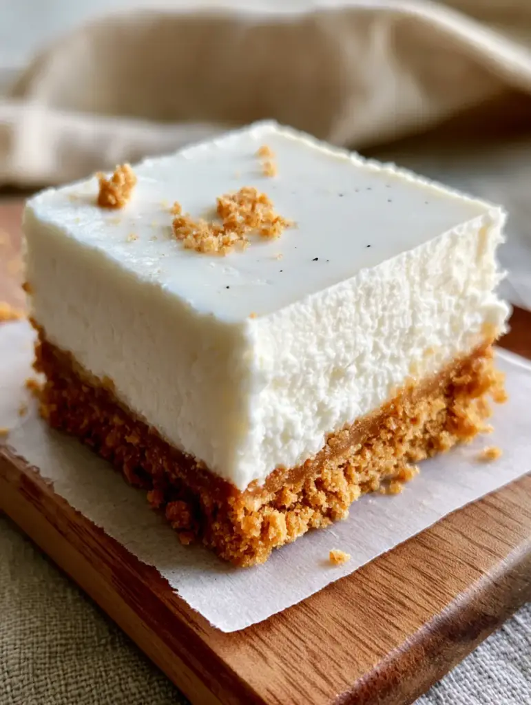 Side view of No Bake Cheesecake Bars highlighting the crumbly graham cracker base and matte top.