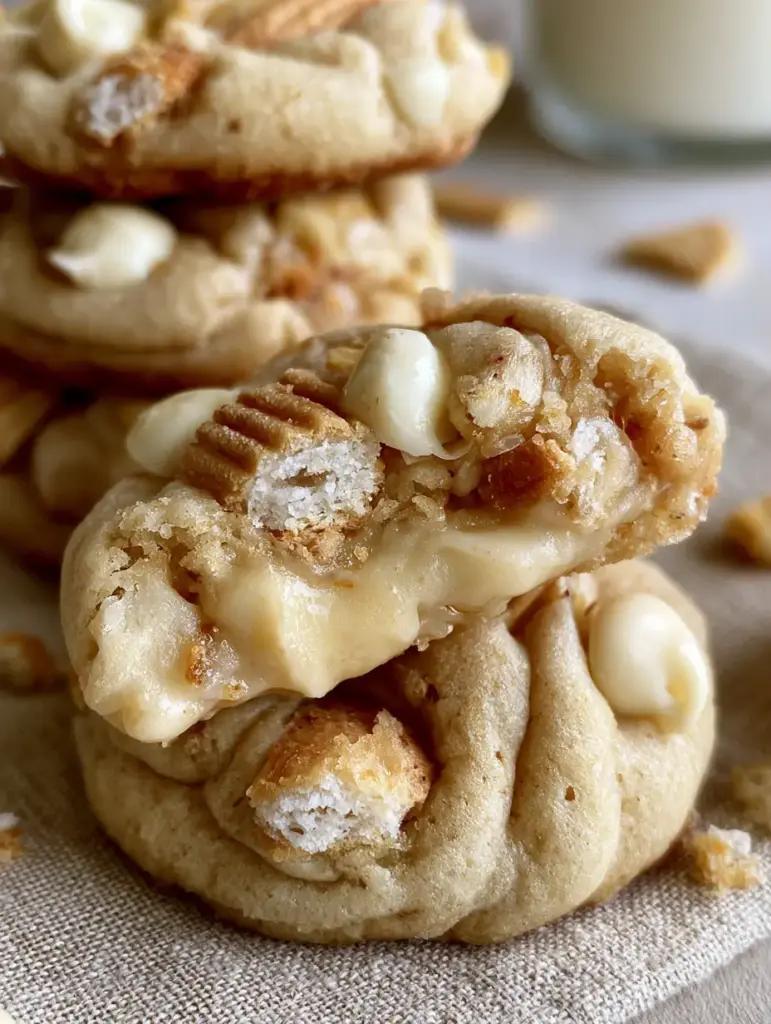 Close-up of golden brown banana pudding cookies showing Nilla wafer chunks and real banana flecks.