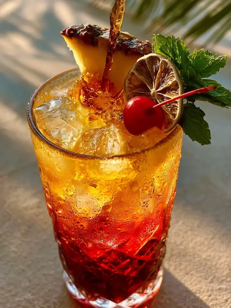 Low-angle shot of Jamaican Rum Punch showing amber rum swirls and thick condensation droplets. (Jamaican Rum Punch)