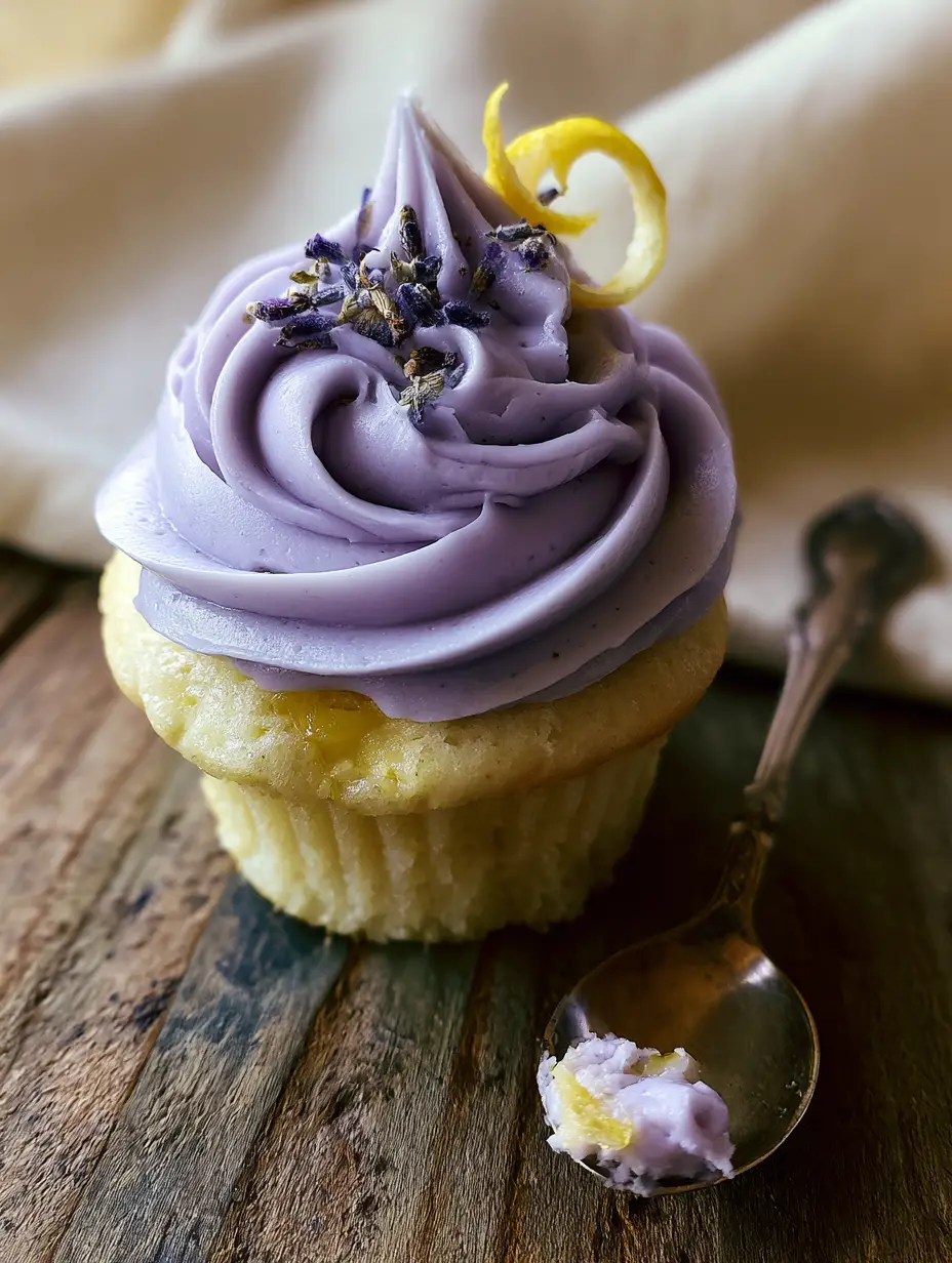 Top-down view of a moist lemon lavender cupcake with visible lemon zest flecks and a lilac frosting swirl. (lavender cupcakes)
