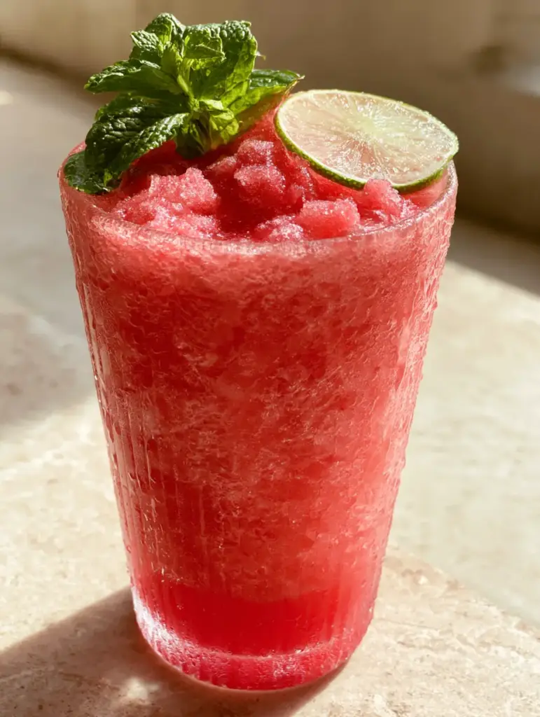 Overhead view of a watermelon drink garnished with a translucent lime wheel and bright green mint cluster on a stone background.
