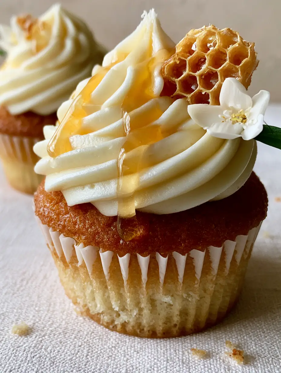 Eye-level shot of a single honey cupcake with golden-brown sponge and ivory honey buttercream on a linen surface. (honey cupcakes)