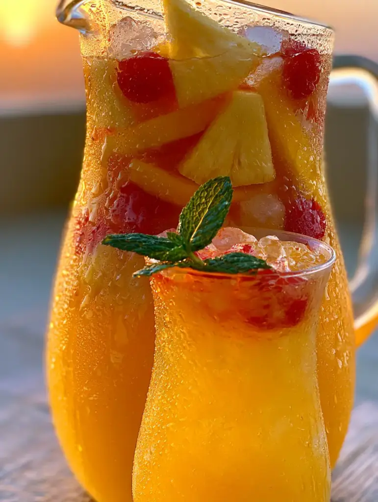 Macro shot of a pulpy pineapple mango rum punch with clear pebble ice and visible fruit textures in a hurricane glass.