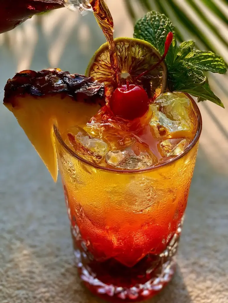Top-down view of Jamaican Rum Punch with charred pineapple, maraschino cherry, and fresh mint sprig.