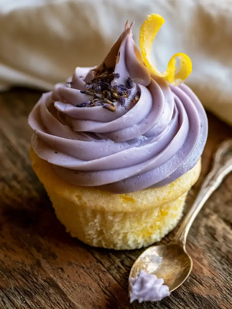 Close-up of lilac buttercream frosting garnished with dried lavender buds and a lemon peel spiral.