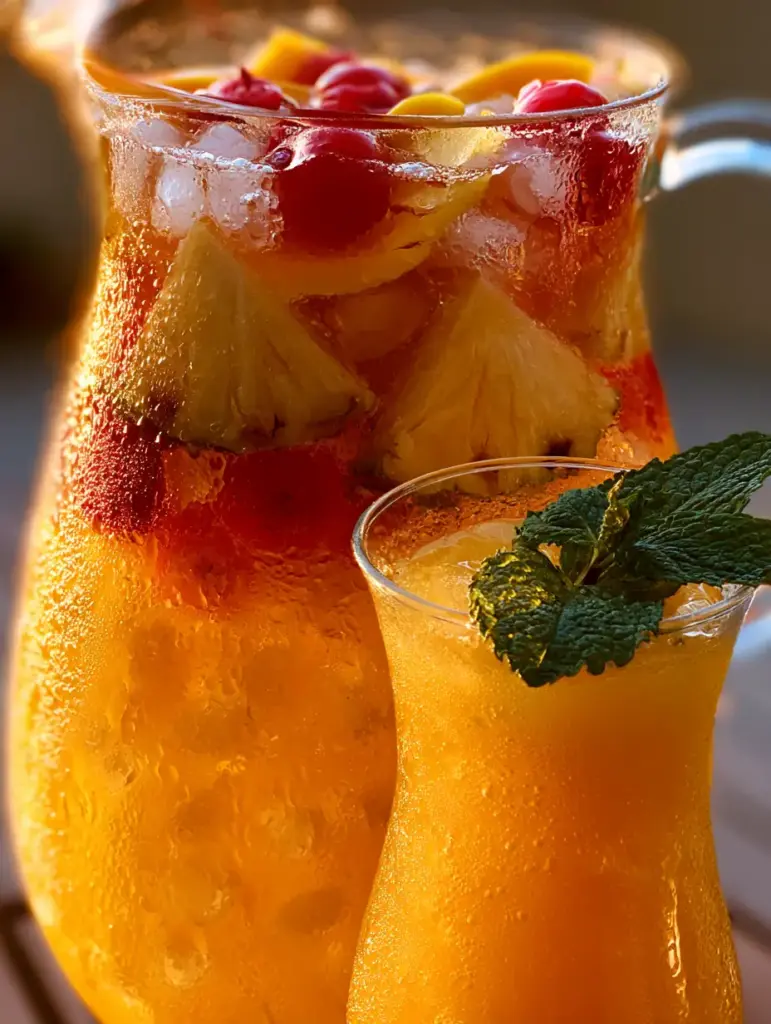 Eye-level shot of a pitcher and glass of pineapple mango rum punch at sunset on an outdoor patio.