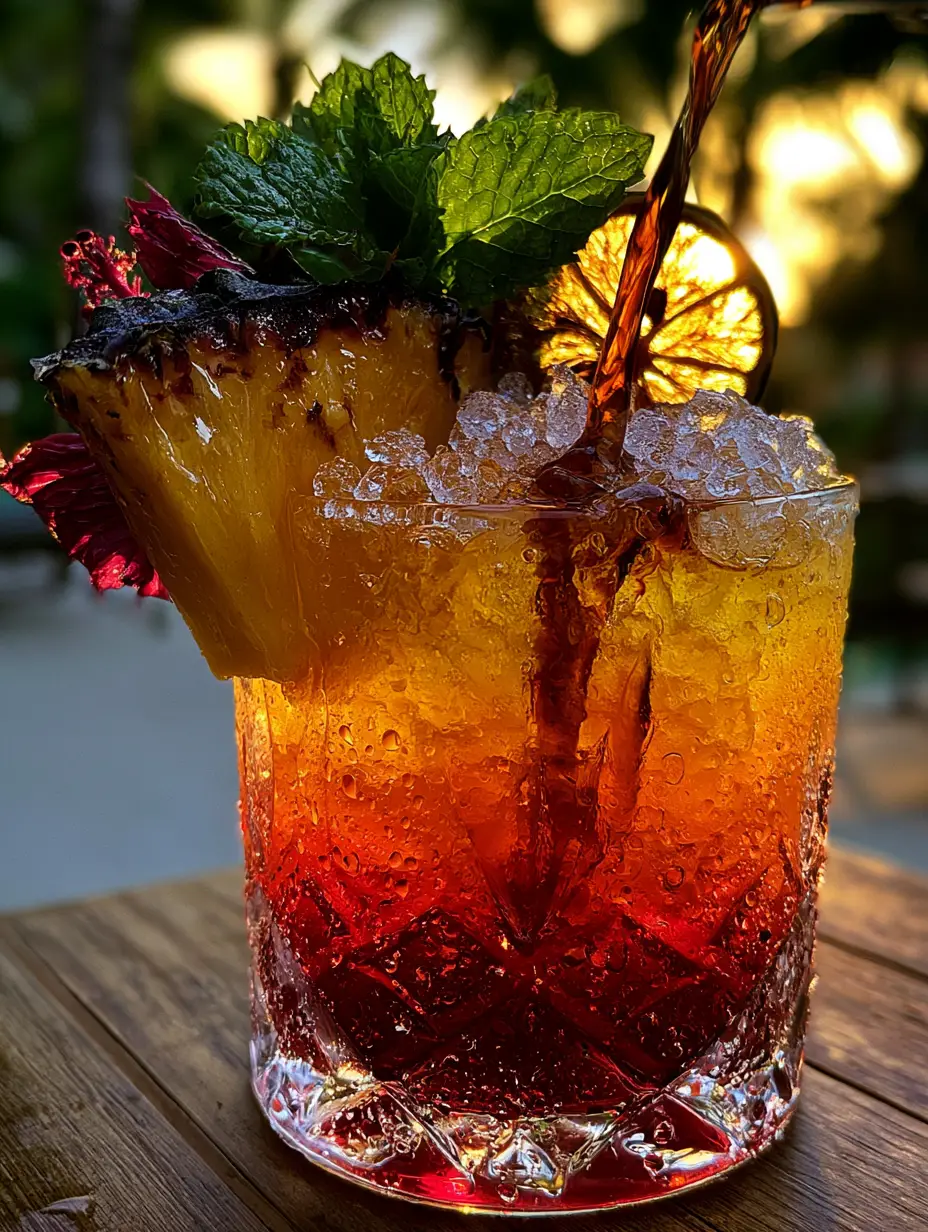 Extreme close-up of dark amber rum being poured into a vibrant orange and red Rum Punch with crushed pebble ice. (Rum Punch)