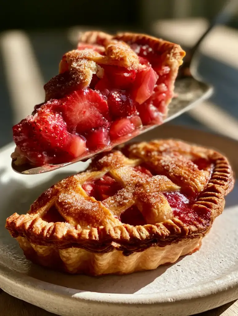 Close-up of bubbling red strawberry and pink rhubarb filling under a golden lattice top with sparkling sugar.