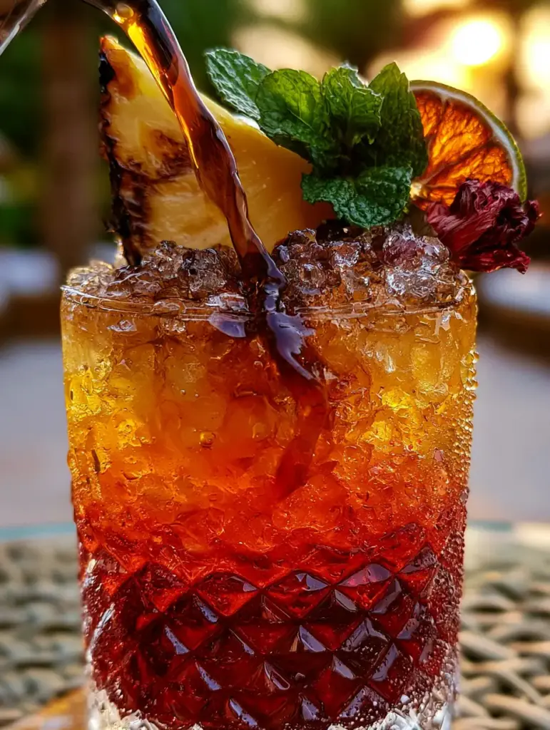 Detailed shot of Rum Punch garnishes including a charred pineapple wedge and mint sprig on glistening pebble ice.