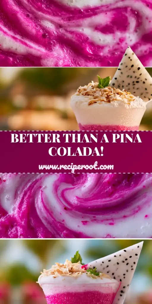 A vibrant pink Dragon Fruit Colada in a hurricane glass topped with coconut foam and toasted coconut shavings. (Dragon Fruit Colada)