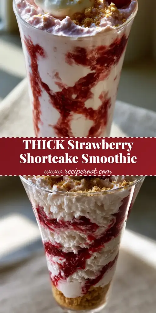 A thick, whipped Strawberry Shortcake Smoothie in a fluted glass with visible strawberry jam swirls and graham cracker crust base.