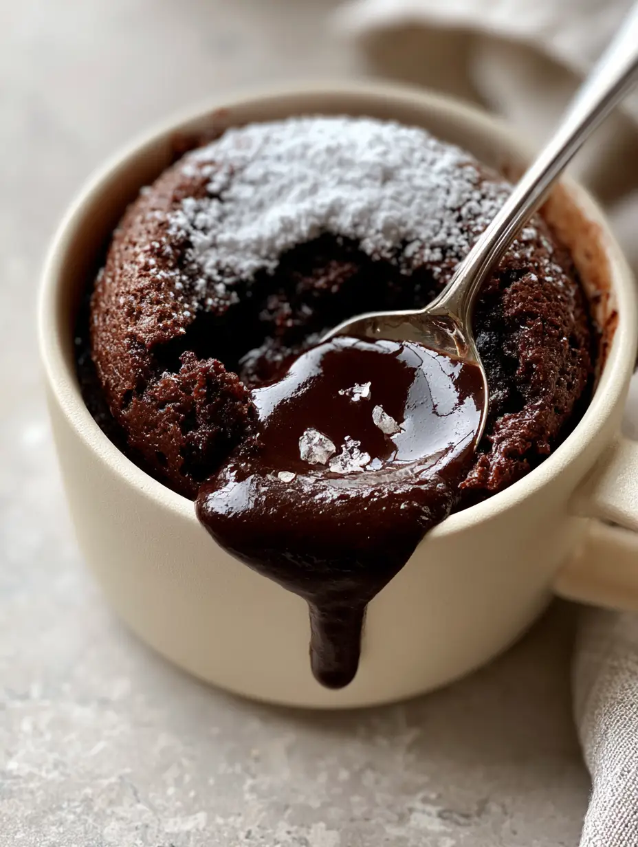 Macro 45-degree shot of a deep dark chocolate molten lava mug cake with powdered sugar and sea salt.