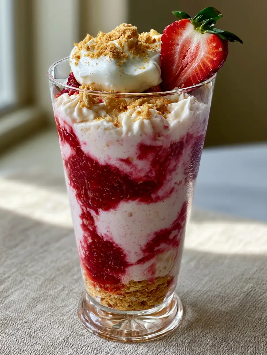 Close up of a Strawberry Shortcake Smoothie showing the dense cheesecake-like texture and red swirls in soft morning light.