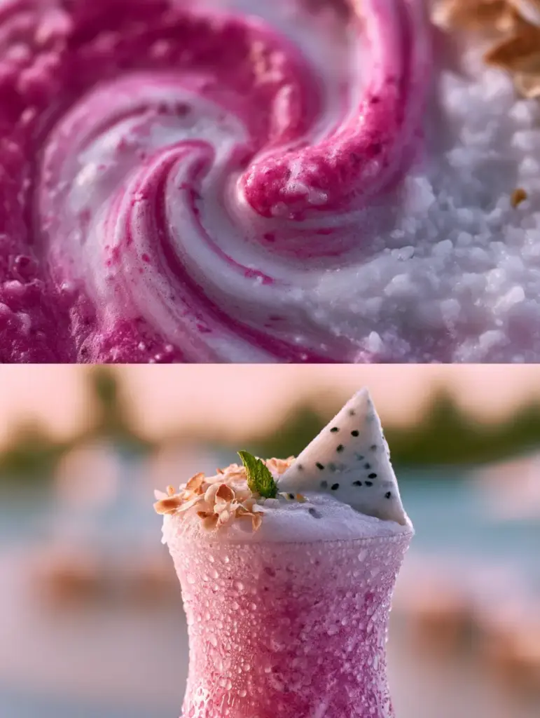 Macro close-up of frozen pink pitaya puree swirling into creamy white coconut milk with visible ice crystals. (Dragon Fruit Colada)