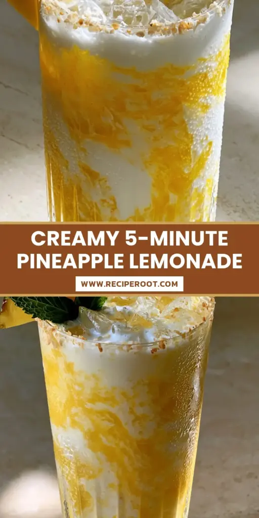 A close-up of a frothy coconut pineapple lemonade in a ribbed glass with a toasted coconut rim and pineapple garnish.
