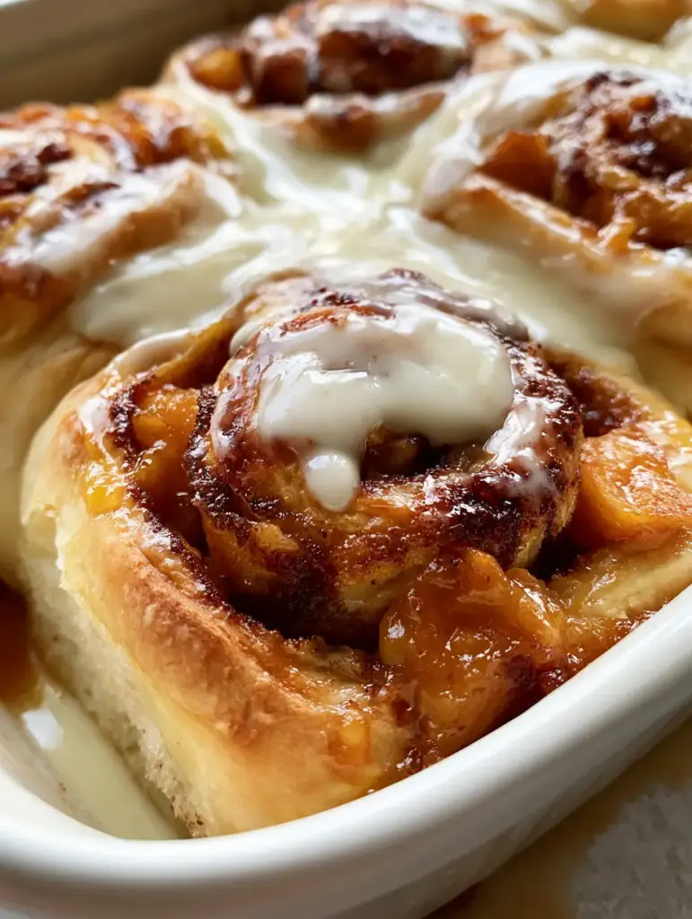 Overhead view of peach cobbler cinnamon rolls saturated in heavy cream with a glossy white cream cheese drizzle.