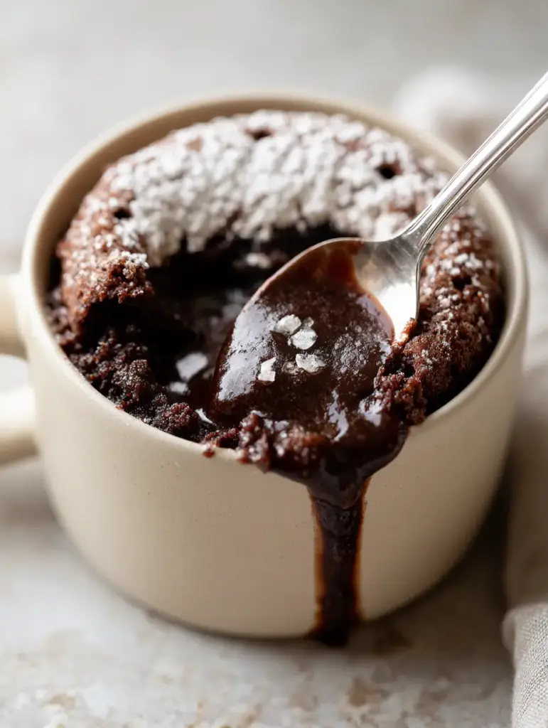 A silver spoon scooping into a molten lava mug cake revealing a steaming, glossy chocolate center.