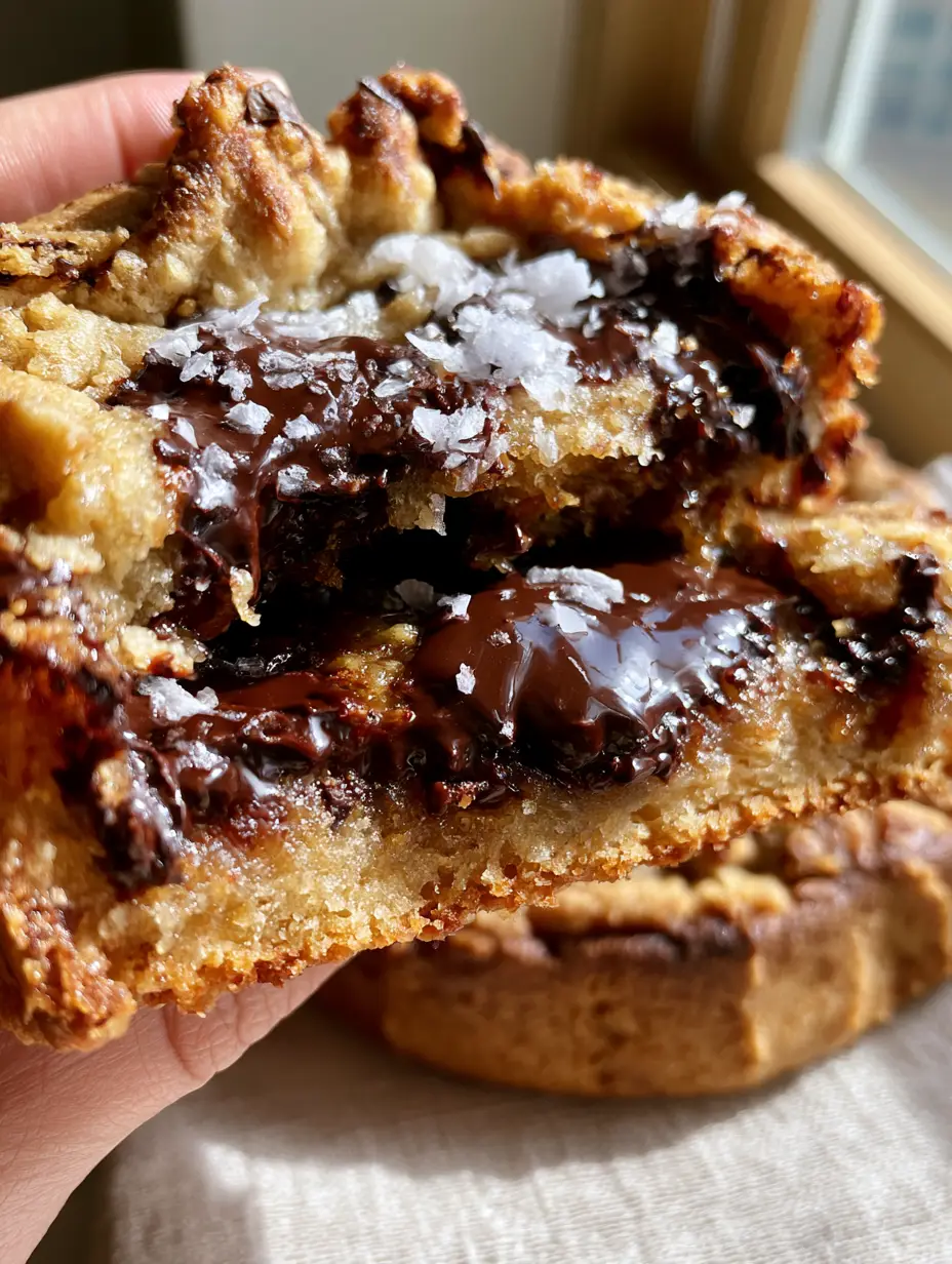Macro close-up of Bakery style chocolate chip cookies being pulled apart to reveal a soft, steaming center.