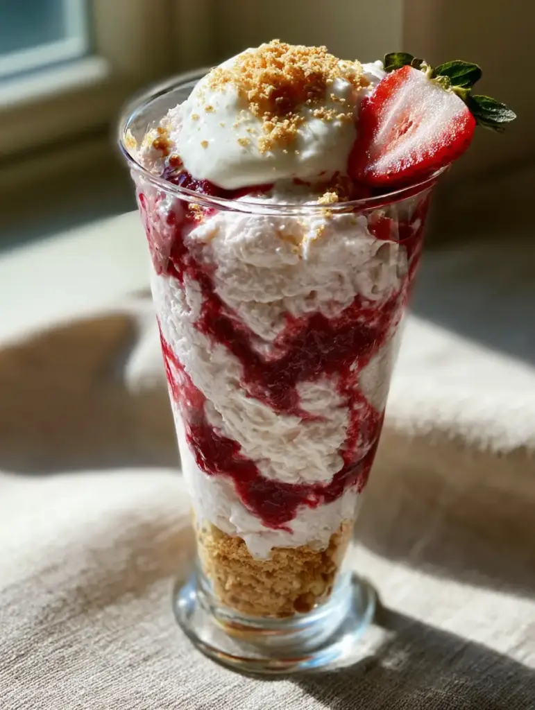 A 45-degree angle shot of the Strawberry Shortcake Smoothie topped with Greek yogurt and a fresh halved strawberry.