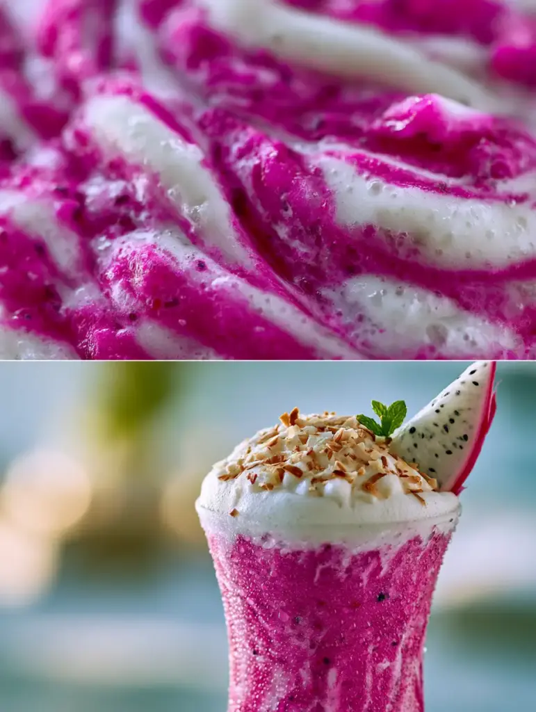 A tall hurricane glass of Dragon Fruit Colada showing heavy condensation droplets and a thick coconut foam topper.